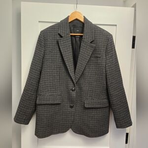 MANGO Gray Black Classic OversizedHoundstooth Wool Cotton Blend BlazerJacket L